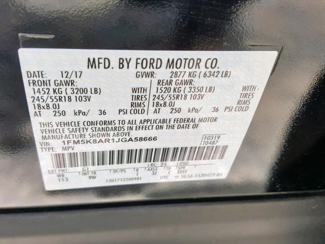 1FM5K8AR1JGA58666 - 2018 FORD EXPLORER P BLACK photo 10