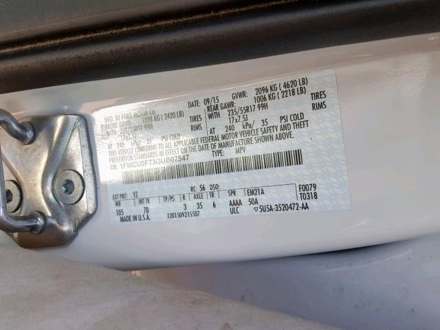 1FMCU0F73GUB07547 - 2016 FORD ESCAPE S WHITE photo 10