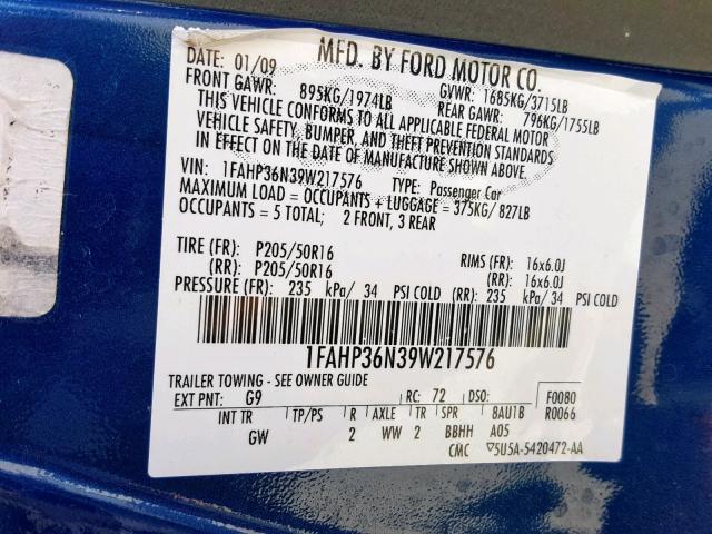 1FAHP36N39W217576 - 2009 FORD FOCUS SES BLUE photo 10