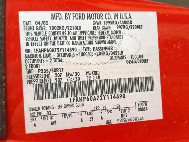 1FAHP60A72Y114890 - 2002 FORD THUNDERBIR RED photo 10