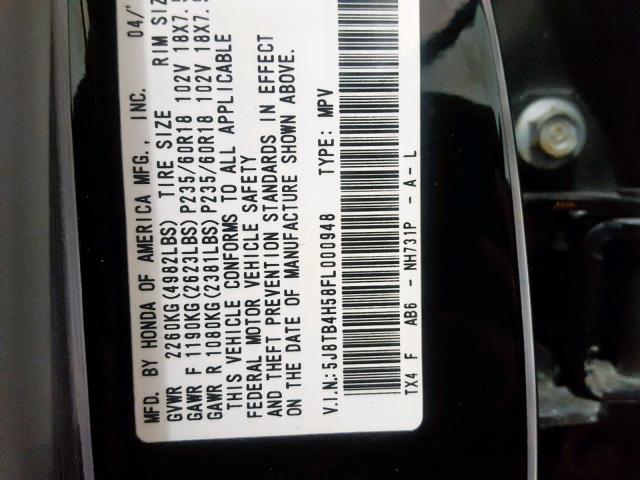 5J8TB4H58FL000948 - 2015 ACURA RDX TECHNO BLACK photo 10