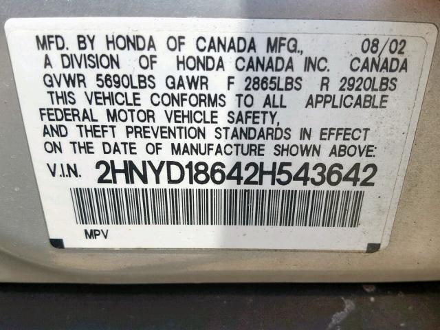 2HNYD18642H543642 - 2002 ACURA MDX TOURIN SILVER photo 10