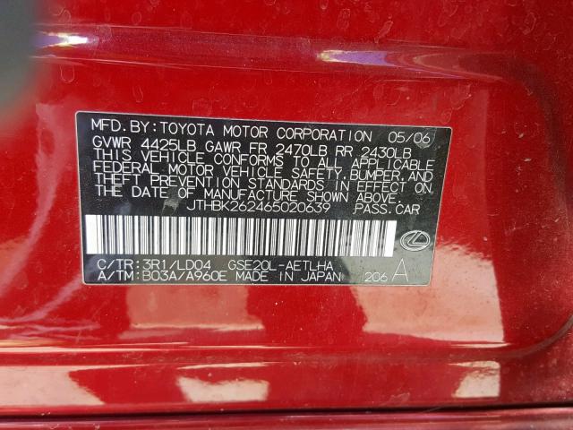 JTHBK262465020639 - 2006 LEXUS IS 250 RED photo 10