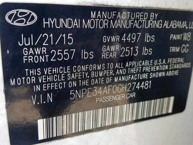 5NPE34AF0GH274481 - 2016 HYUNDAI SONATA SPO WHITE photo 10