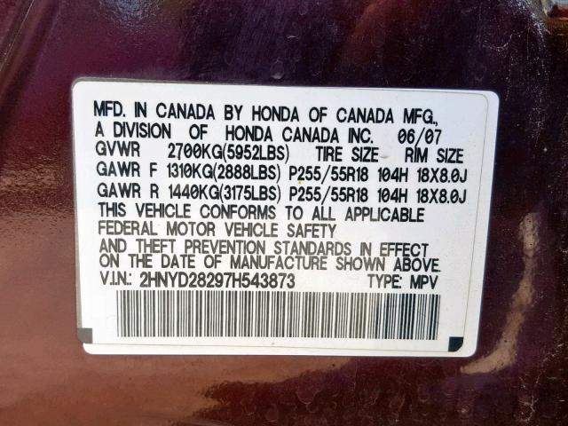 2HNYD28297H543873 - 2007 ACURA MDX MAROON photo 10