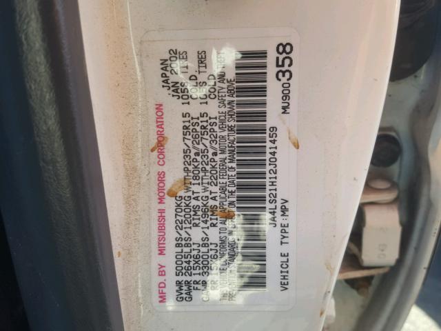 JA4LS21H12J041459 - 2002 MITSUBISHI MONTERO SP WHITE photo 10