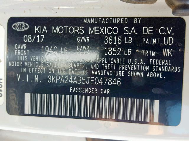 3KPA24AB5JE047846 - 2018 KIA RIO LX WHITE photo 10