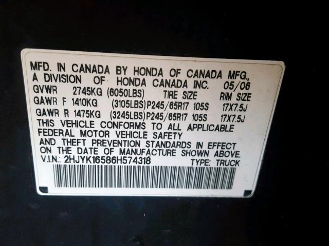 2HJYK16586H574318 - 2006 HONDA RIDGELINE BLACK photo 10