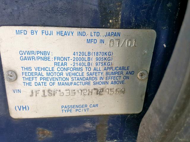 JF1SF63592H729559 - 2002 SUBARU FORESTER L BLUE photo 10