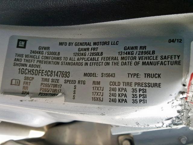 1GCHSDFE4C8147693 - 2012 CHEVROLET COLORADO L SILVER photo 10
