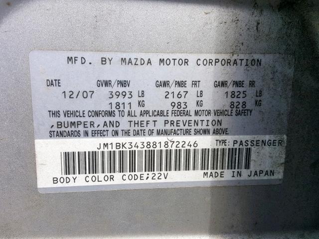 JM1BK343881872246 - 2008 MAZDA 3 HATCHBAC SILVER photo 10