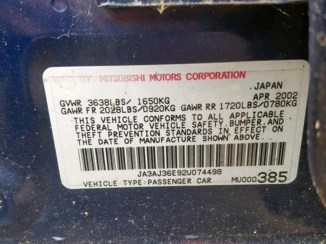 JA3AJ36E92U074498 - 2002 MITSUBISHI LANCER LS BLUE photo 10