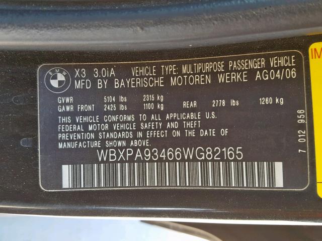 WBXPA93466WG82165 - 2006 BMW X3 3.0I BLACK photo 10