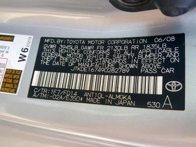 JTKDE167490282789 - 2009 TOYOTA SCION TC ვერცხლისფერი ფოტო 10