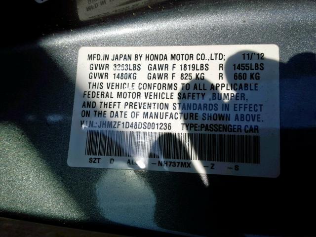 JHMZF1D48DS001236 - 2013 HONDA CR-Z GRAY photo 10