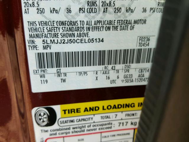 5LMJJ2J50CEL05134 - 2012 LINCOLN NAVIGATOR 勃艮第红 照片 10