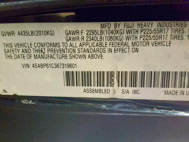 4S4BP61C367319601 - 2006 SUBARU LEGACY OUT BLACK photo 10