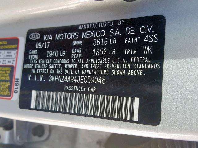 3KPA24AB4JE059048 - 2018 KIA RIO LX SILVER photo 10