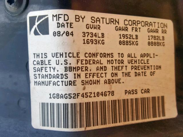1G8AG52F45Z104678 - 2005 SATURN ION LEVEL SILVER photo 10