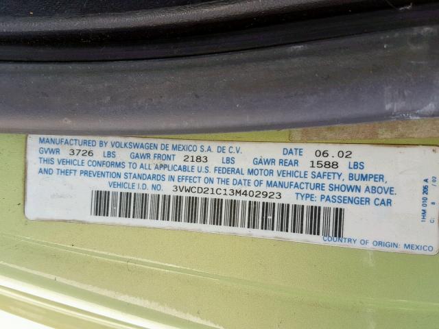 3VWCD21C13M402923 - 2003 VOLKSWAGEN NEW BEETLE GREEN photo 10