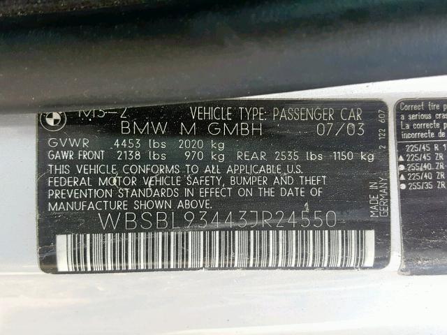 WBSBL93443JR24550 - 2003 BMW M3 SILVER photo 10