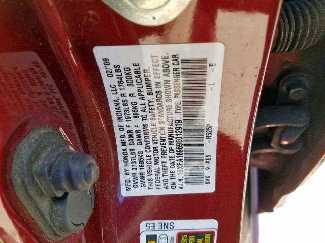 19XFA16969E012919 - 2009 HONDA CIVIC EXL BURGUNDY photo 10