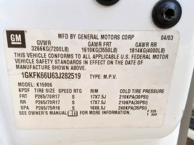 1GKFK66U63J282519 - 2003 GMC YUKON XL D WHITE photo 10