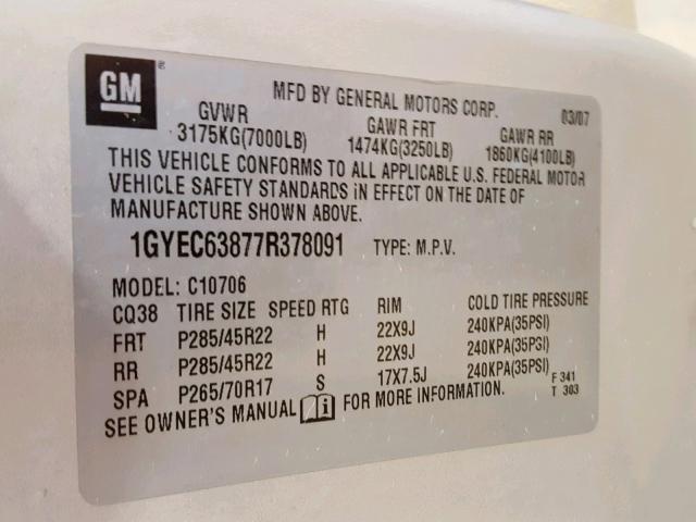 1GYEC63877R378091 - 2007 CADILLAC ESCALADE L TAN photo 10