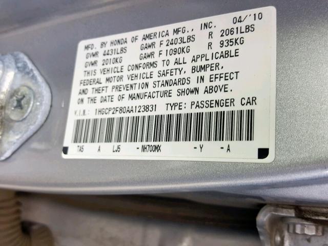 1HGCP2F80AA123831 - 2010 HONDA ACCORD EXL SILVER photo 10