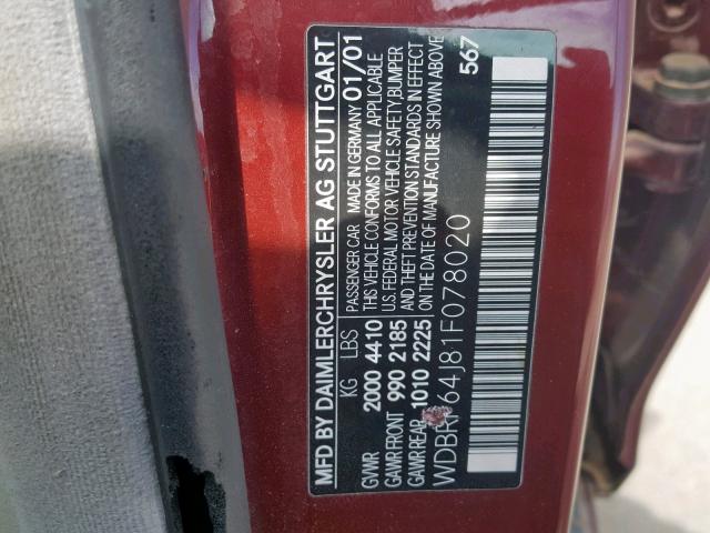 WDBRF64J81F078020 - 2001 MERCEDES-BENZ C 320 MAROON photo 10