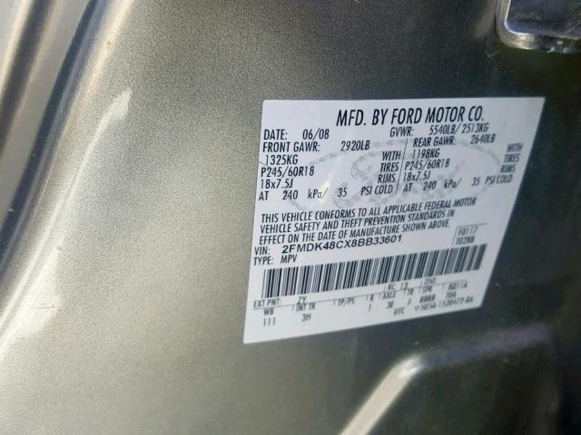 2FMDK48CX8BB33601 - 2008 FORD EDGE SEL GRAY photo 10