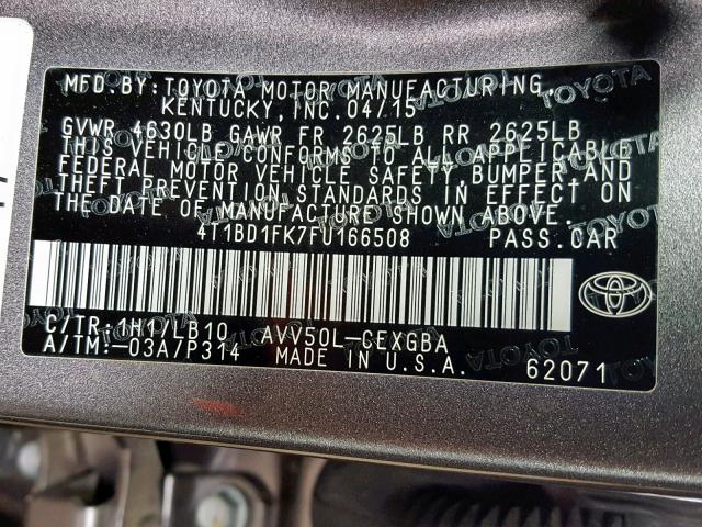 4T1BD1FK7FU166508 - 2015 TOYOTA CAMRY HYBR GRAY photo 10