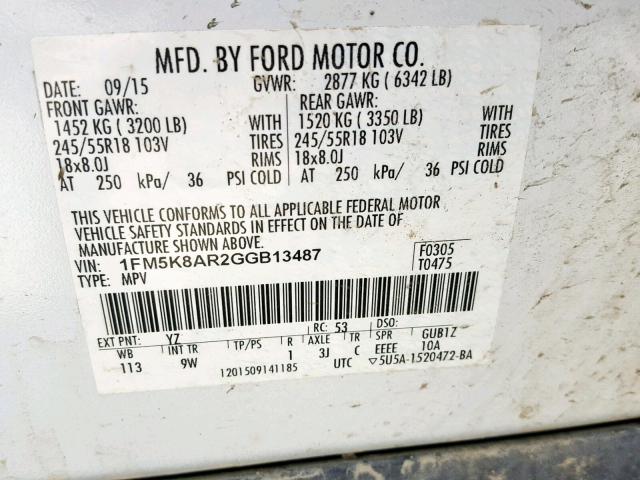 1FM5K8AR2GGB13487 - 2016 FORD EXPLORER P WHITE photo 10