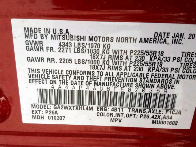 4A4AP4AU6EE020359 - 2014 MITSUBISHI OUTLANDER RED photo 10