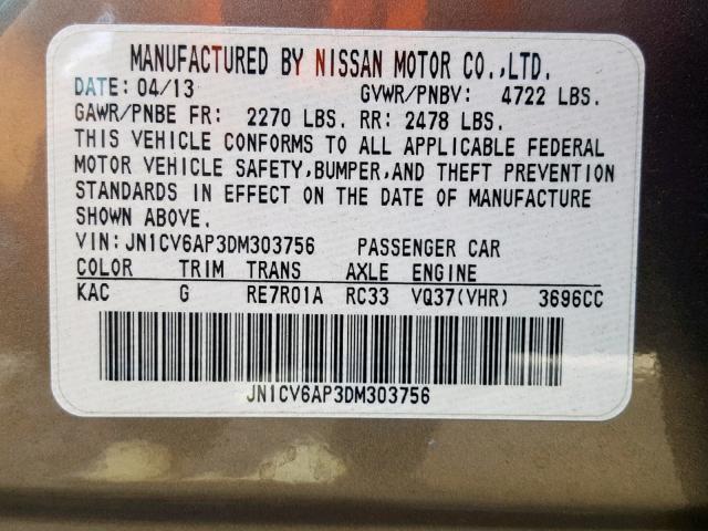 JN1CV6AP3DM303756 - 2013 INFINITI G37 BASE GRAY photo 10