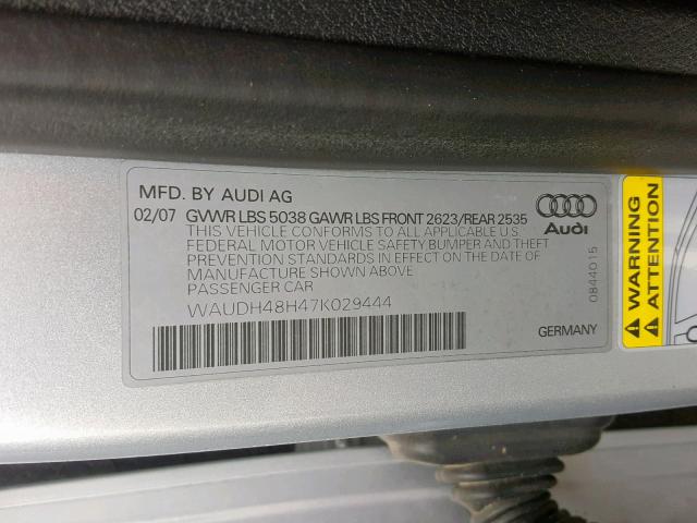 WAUDH48H47K029444 - 2007 AUDI A4 3.2 CAB SILVER photo 10