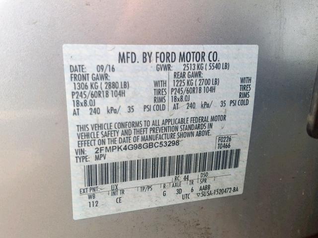 2FMPK4G98GBC53298 - 2016 FORD EDGE SE SILVER photo 10