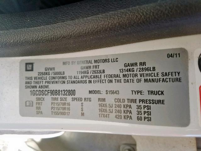 1GCDSCF90B8132800 - 2011 CHEVROLET COLORADO L WHITE photo 10