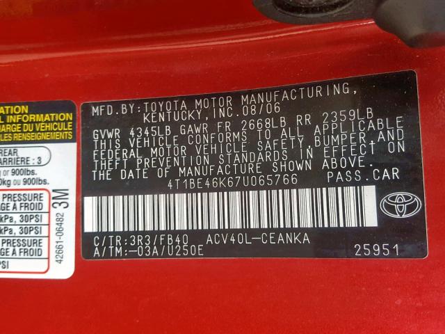 4T1BE46K67U065766 - 2007 TOYOTA CAMRY NEW RED photo 10