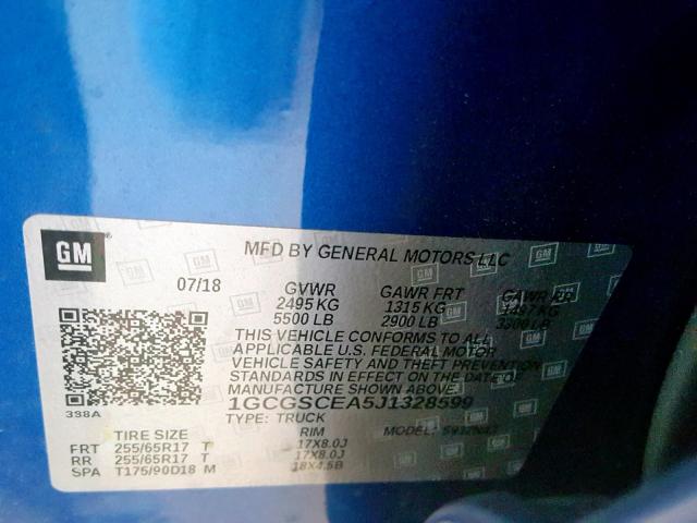 1GCGSCEA5J1328599 - 2018 CHEVROLET COLORADO L BLUE photo 10