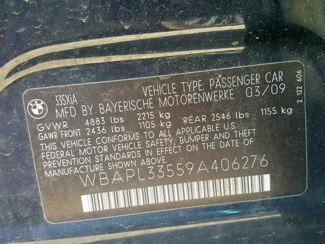 WBAPL33559A406276 - 2009 BMW 335 XI BLACK photo 10