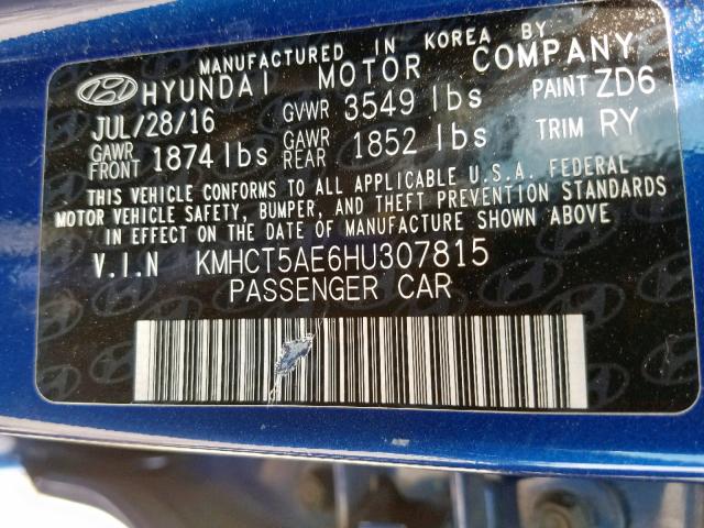 KMHCT5AE6HU307815 - 2017 HYUNDAI ACCENT SE BLUE photo 10