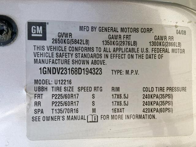 1GNDV23168D194323 - 2008 CHEVROLET UPLANDER L 银色 照片 10