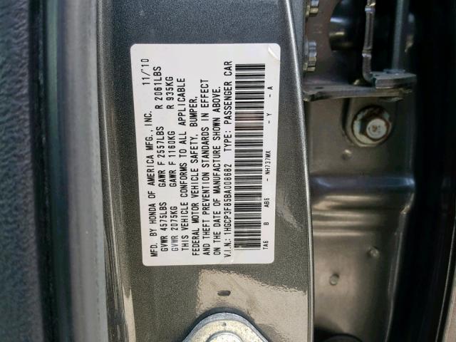 1HGCP3F85BA008682 - 2011 HONDA ACCORD EXL GRAY photo 10