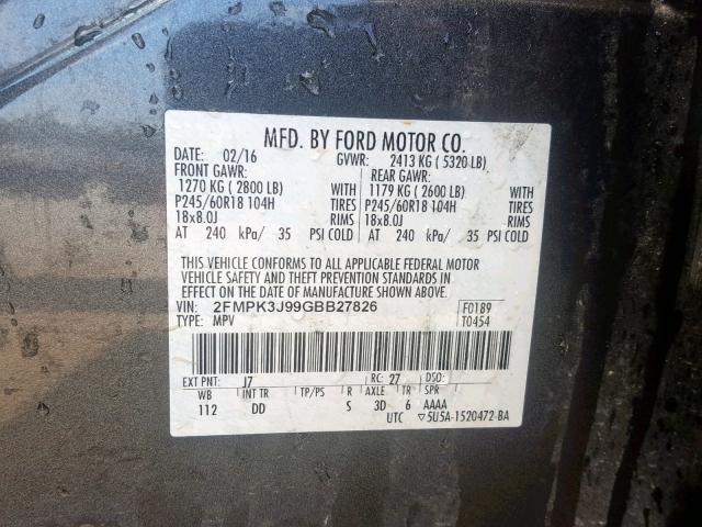 2FMPK3J99GBB27826 - 2016 FORD EDGE SEL CHARCOAL photo 10