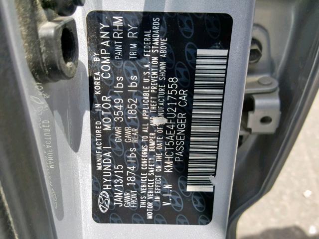 KMHCT5AE4FU217558 - 2015 HYUNDAI ACCENT GS SILVER photo 10