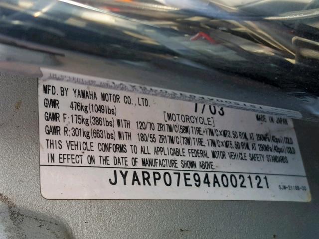 JYARP07E94A002121 - 2004 YAMAHA FJR1300 GRAY photo 10