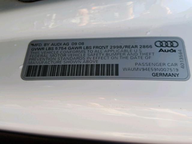 WAUMV94E59N007519 - 2009 AUDI A8 L QUATT WHITE photo 10