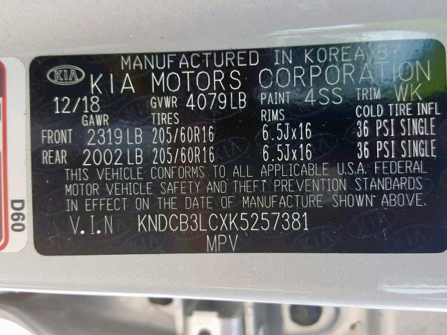 KNDCB3LCXK5257381 - 2019 KIA NIRO FE SILVER photo 10