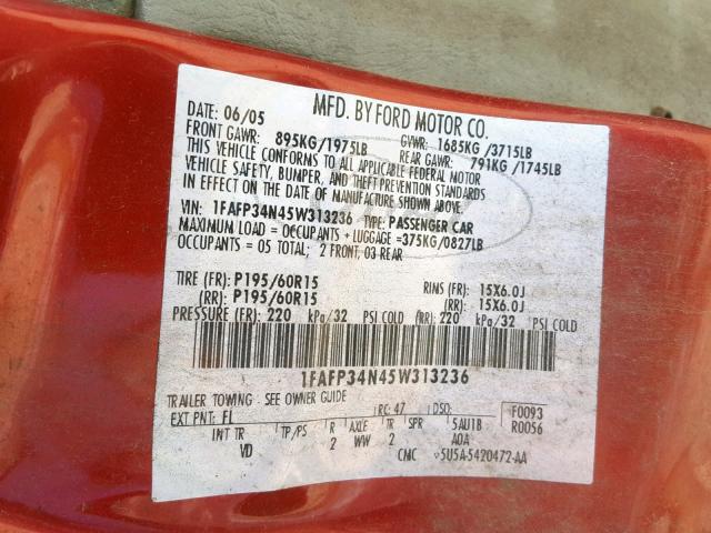 1FAFP34N45W313236 - 2005 FORD FOCUS ZX4 RED photo 10